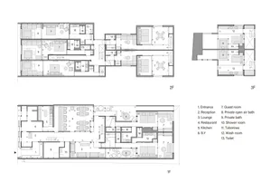 Commercial architectural blueprint showcasing various functional zones and structural features