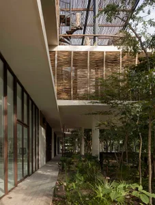 Modern building exterior featuring a wooden slat exterior and cement columns.