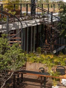 Modern building exterior featuring wood, metal, and lush greenery