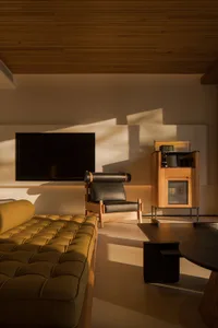 Modern living room featuring wood and leather furniture