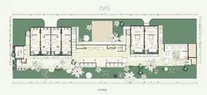 A modern residential floor plan showing contemporary rooms with wood, glass, and metallic finishes.