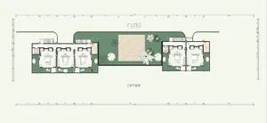 A detailed architectural drawing depicting a three-story residential building with a central courtyard and various rooms and 