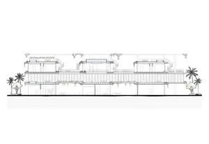 都市建築的詳細建築平面圖，採用混凝土、玻璃與鋼材材質。