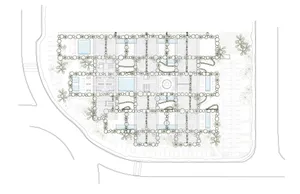 An urban design layout featuring mixed media materials with various buildings and pathways.