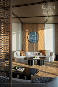 Modern luxury living room with concrete flooring, plush sofas, and elegant decor.