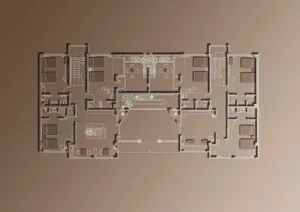 A detailed architectural plan of a residential apartment building with multiple rooms and corridors.