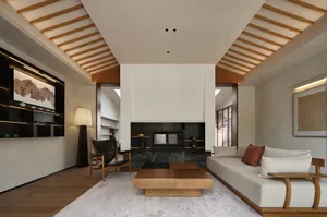 Modern minimalist living room with concrete fireplace and sofa, wooden accents, and light-colored rug.