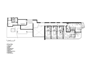 2nd floor architectural plan of a hotel suite with multiple rooms and amenities.