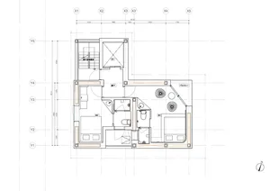 Architectural layout diagram of a residential building showcasing residential spaces and structural elements.