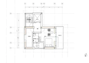 Black and white architectural blueprint of a residential house plan.
