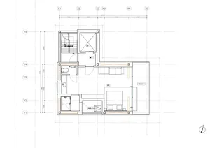 Minimalist apartment floor plan with mixed materials, including wood and concrete.