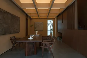 Minimalist city apartment featuring wood furniture and interior design elements.
