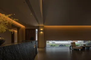 A minimalist lobby featuring wooden walls and a stone reception desk with a potted plant.