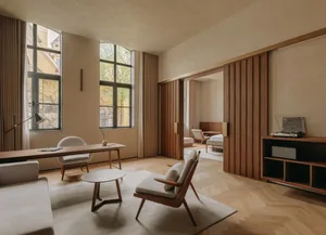 A modern living room featuring wooden paneling, a white sofa, a round coffee table, and wooden furniture.