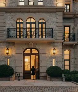 A modern residential entrance featuring brick and stone materials with a welcoming ambiance.