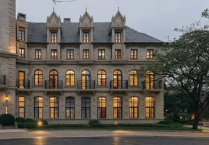 A beautifully designed Victorian-style residential exterior with warm, inviting lighting.