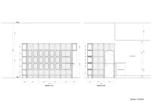 A metallic interior design floor plan with various sections and dimensions labeled.