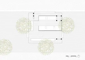 A detailed overhead view of a modern house patio with wooden flooring and surrounding greenery.