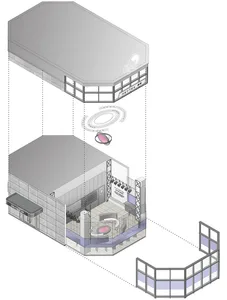 An isometric view of a modern retail storefront with glass walls and a concrete floor.