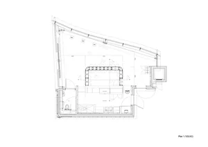 2D architectural drawing of a restaurant interior layout with functional zones and dimensions labeled.