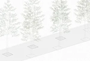 A schematic drawing of a street with trees, concrete pavement and metal grates.