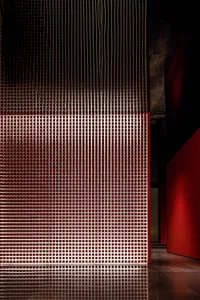 Modern interior design featuring metallic grid walls.