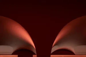 A modern architectural space with polished concrete arches and a deep, dark red background.