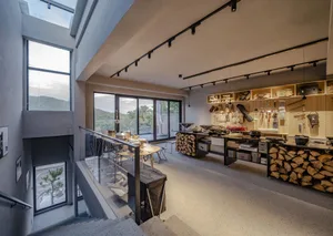 Industrial-themed shop interior featuring concrete and wood materials.