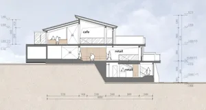Cross-sectional view of a retail shop interior with retail spaces on both levels.