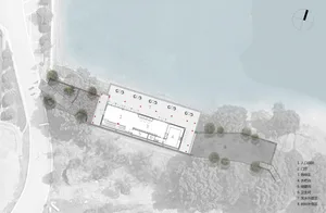 Rendering of a sculpture platform overlooking a beach, featuring a water body and a mixed material design with concrete struc