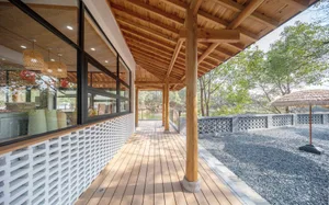 A modern ticket counter with a wooden design.