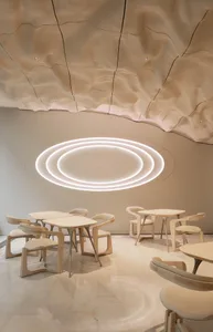 A minimalist restaurant with white walls, wooden tables, and chairs, illuminated by circular lights in the ceiling.