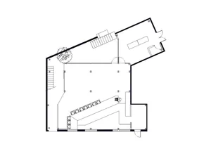 A 2D architectural drawing depicting an interior office space with a metallic structure.