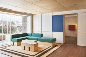 Modern minimalist living room featuring wooden furniture and teal cushions.