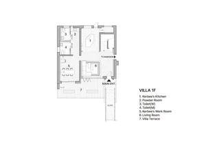 Floor plan of Villa 1F showing Kerbee's Kitchen, Powder Room, Toilets (W and M), Kerbee's Work Room, Living Room, and Villa T