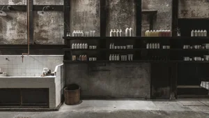 A modern industrial retail space featuring concrete and glass elements.