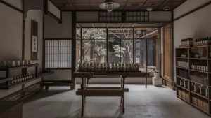 A traditional retail storefront with a wooden bench and bottles lined up on a table, viewed through a window with white paper