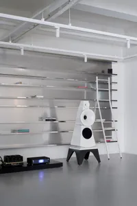 A home theater setup featuring modern shelves with a ladder and audio equipment.
