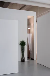 Modern minimalist interior space featuring exposed concrete walls and floor, with a tall floor lamp and green plant