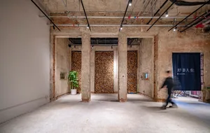 極簡風格大廳室內，混凝土牆面與地面，擺放一盆植栽並搭配工業風燈具。