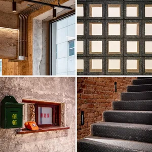 Industrial-style stairs constructed from brick and concrete materials.