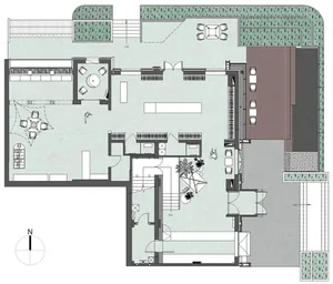 Modern house with a concrete floor plan, including living areas, dining room, kitchen, and bedrooms.