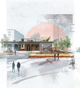 A modern storefront rendering featuring contemporary architectural elements.