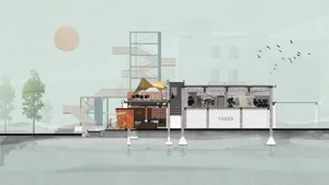 A detailed architectural rendering of an outdoor cafe with a balcony, featuring mixed materials and a clear view of the surro