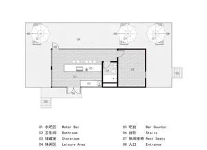 A floor plan of a restaurant bar, featuring a brick and concrete finish, bar counter, and seating areas.