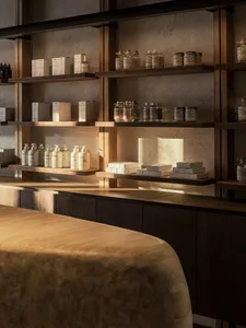 Shelves displaying beauty products in a retail environment with wooden shelves and a wooden counter.