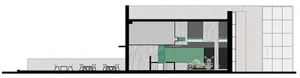 A cross-sectional view of a modern interior design showing various functional zones and materials used.