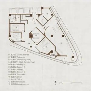 詳細的建築平面圖，展示各個房間與區域，並以數字和符號標示。