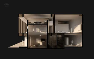 Modern living room with concrete and wood materials, featuring a minimalist design style.