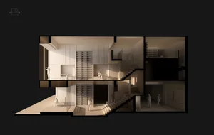 Cross-sectional view of a neutral-toned living room floor plan.